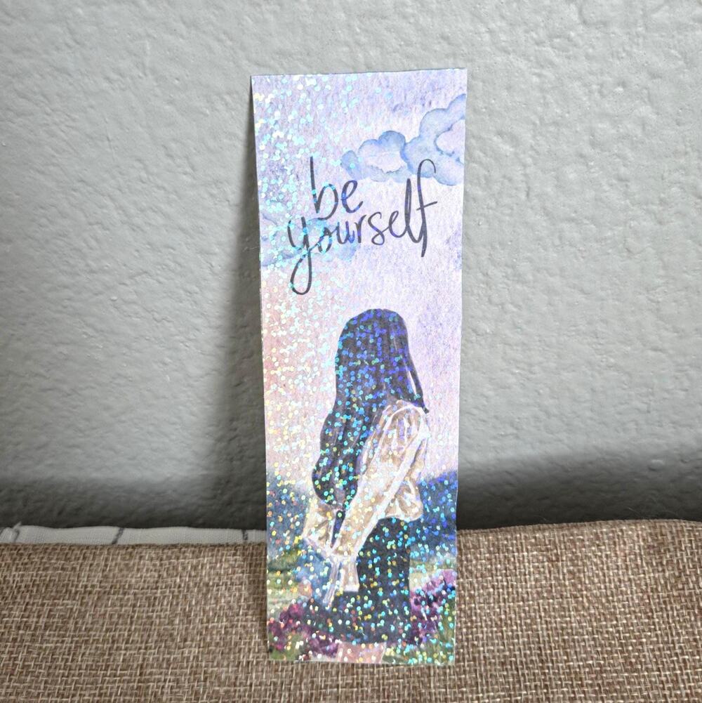 Be Yourself Holographic Bookmark Page Marker, Self Love Watercolor Sparkle Decor